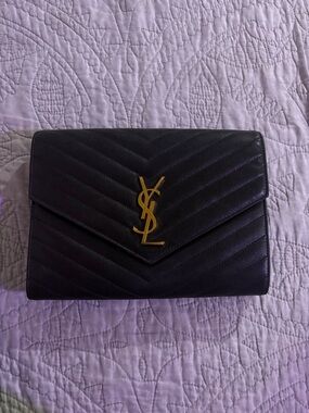 Saint Laurent Black Chevron Envelope Clutch with Gold YSL Logo Missing Wristband
